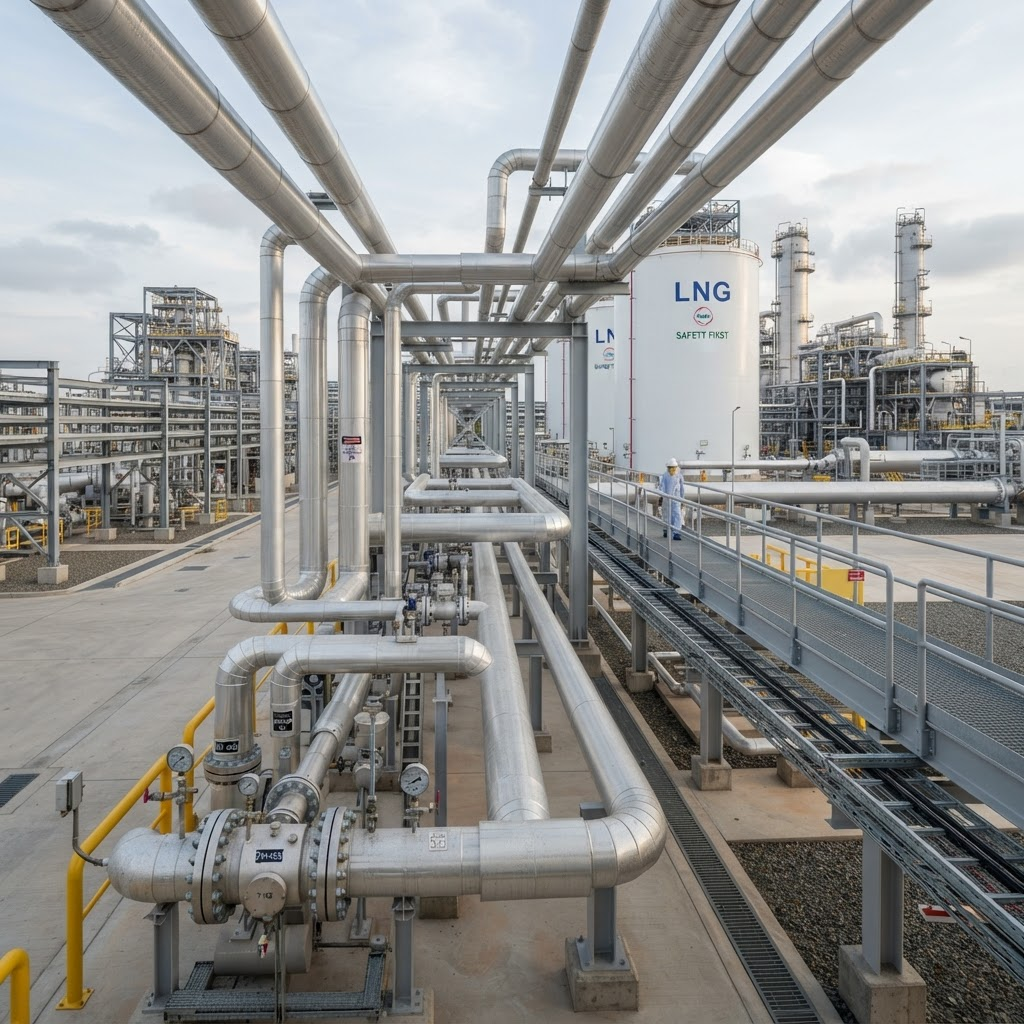 Natural gas pipeline infrastructure with silver metal pipes at a modern LNG facility