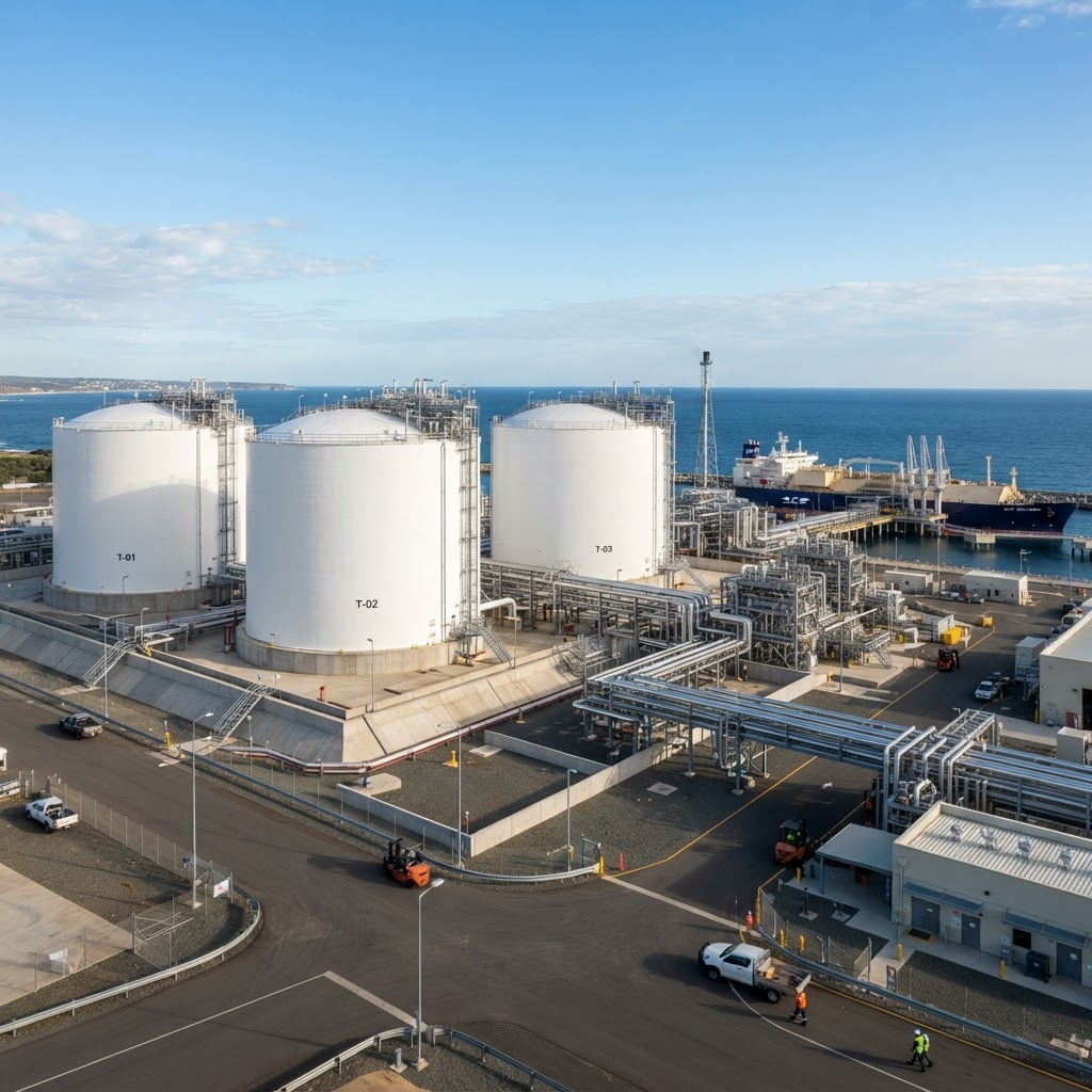 Large white cylindrical LNG storage tanks at a natural gas facility