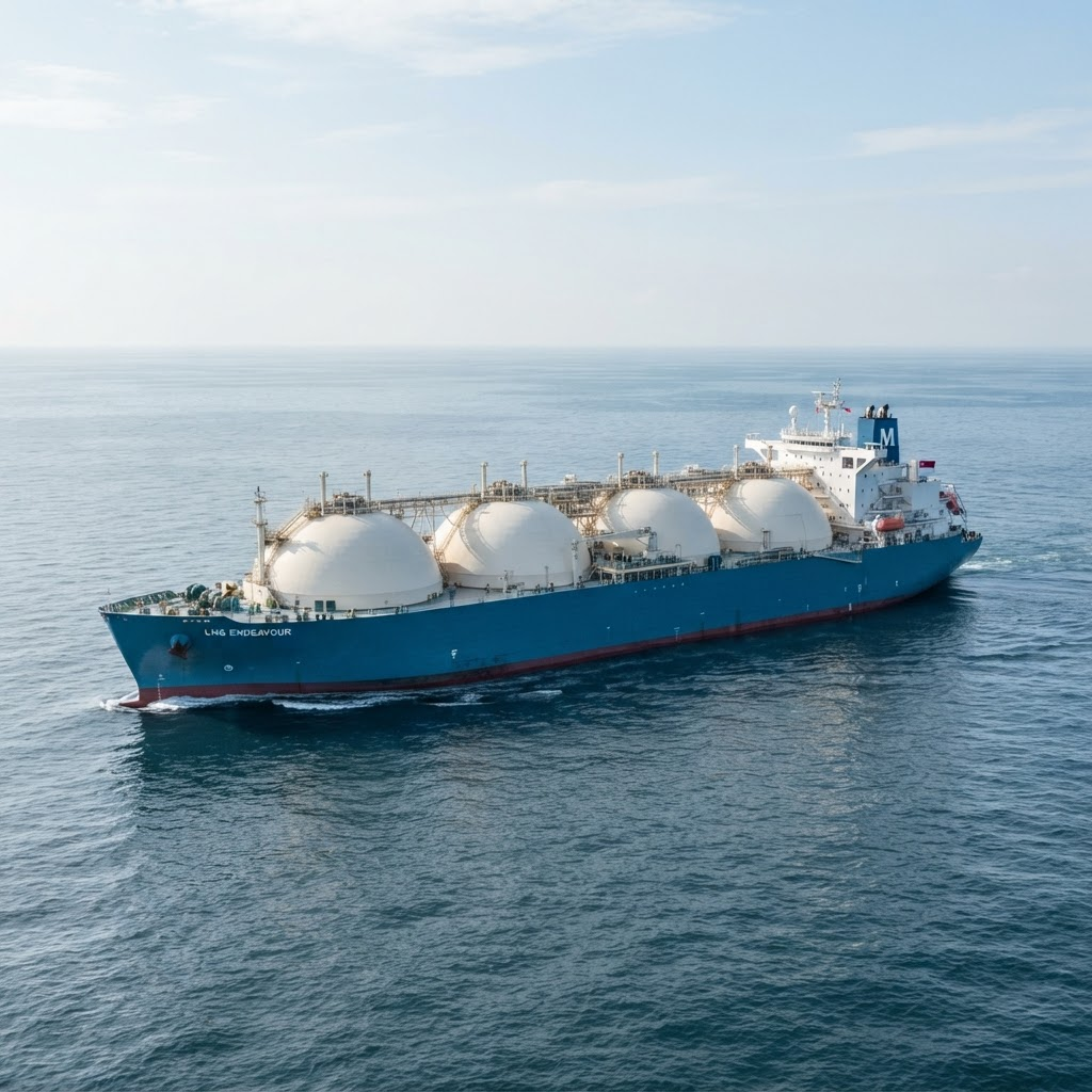 LNG carrier tanker with spherical storage tanks sailing on open ocean