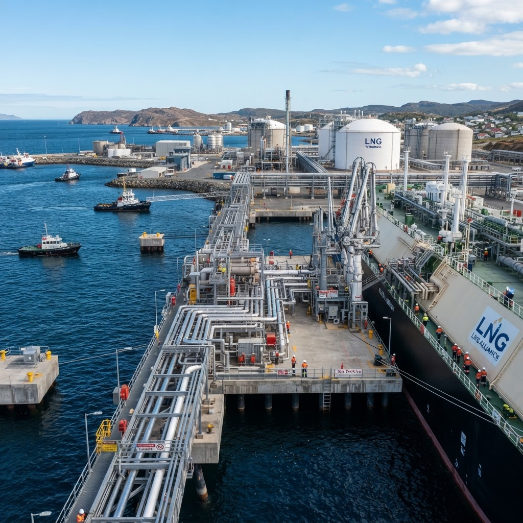 Modern LNG import and export terminal with loading jetty and pipelines at a coastal port